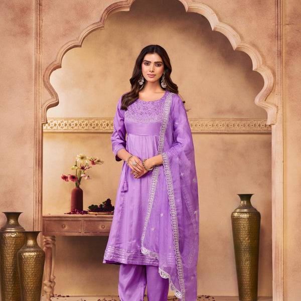 BulBul Indu Muslin Purple Kurta Set With Dupatta