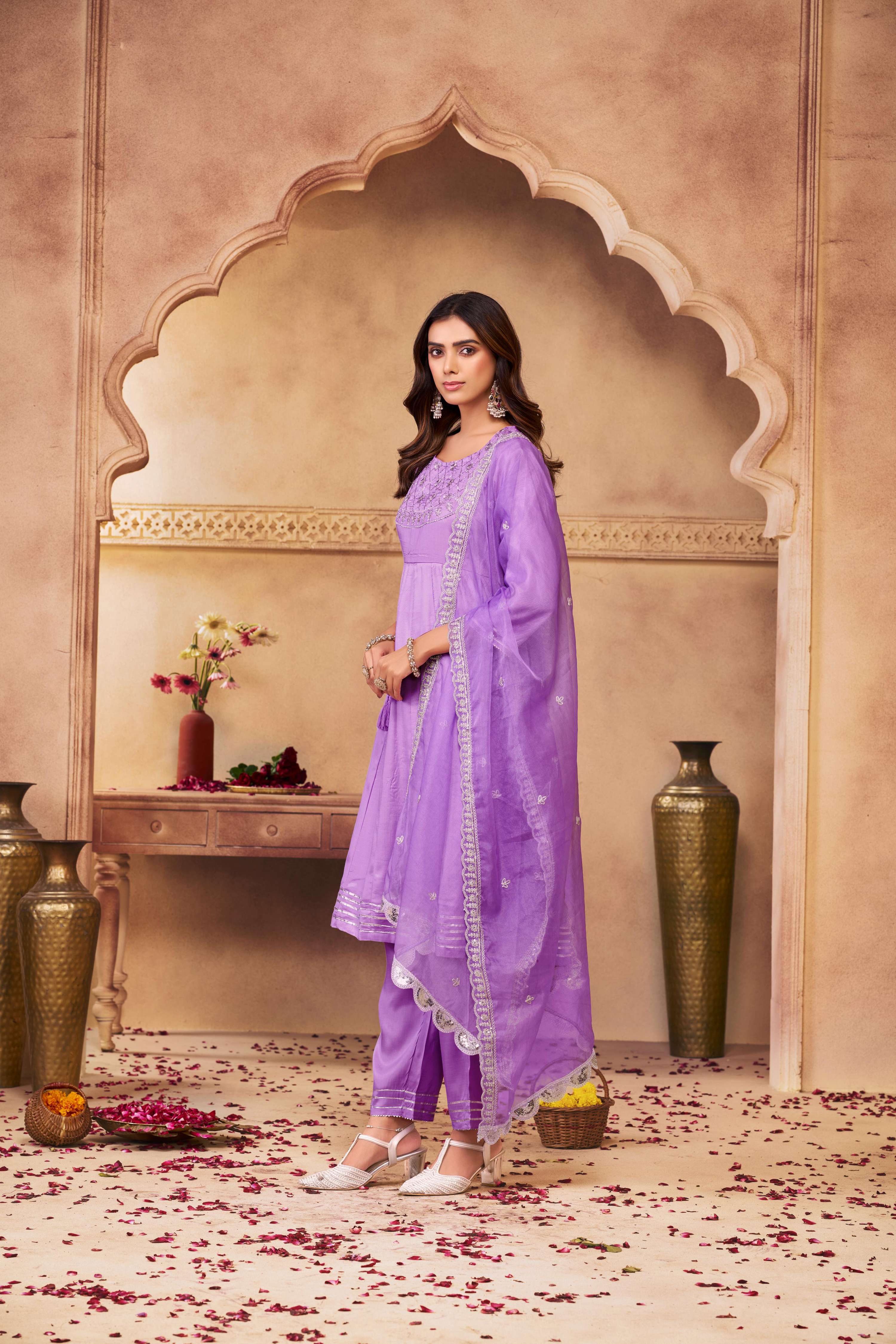BulBul Indu Muslin Purple Kurta Set With Dupatta