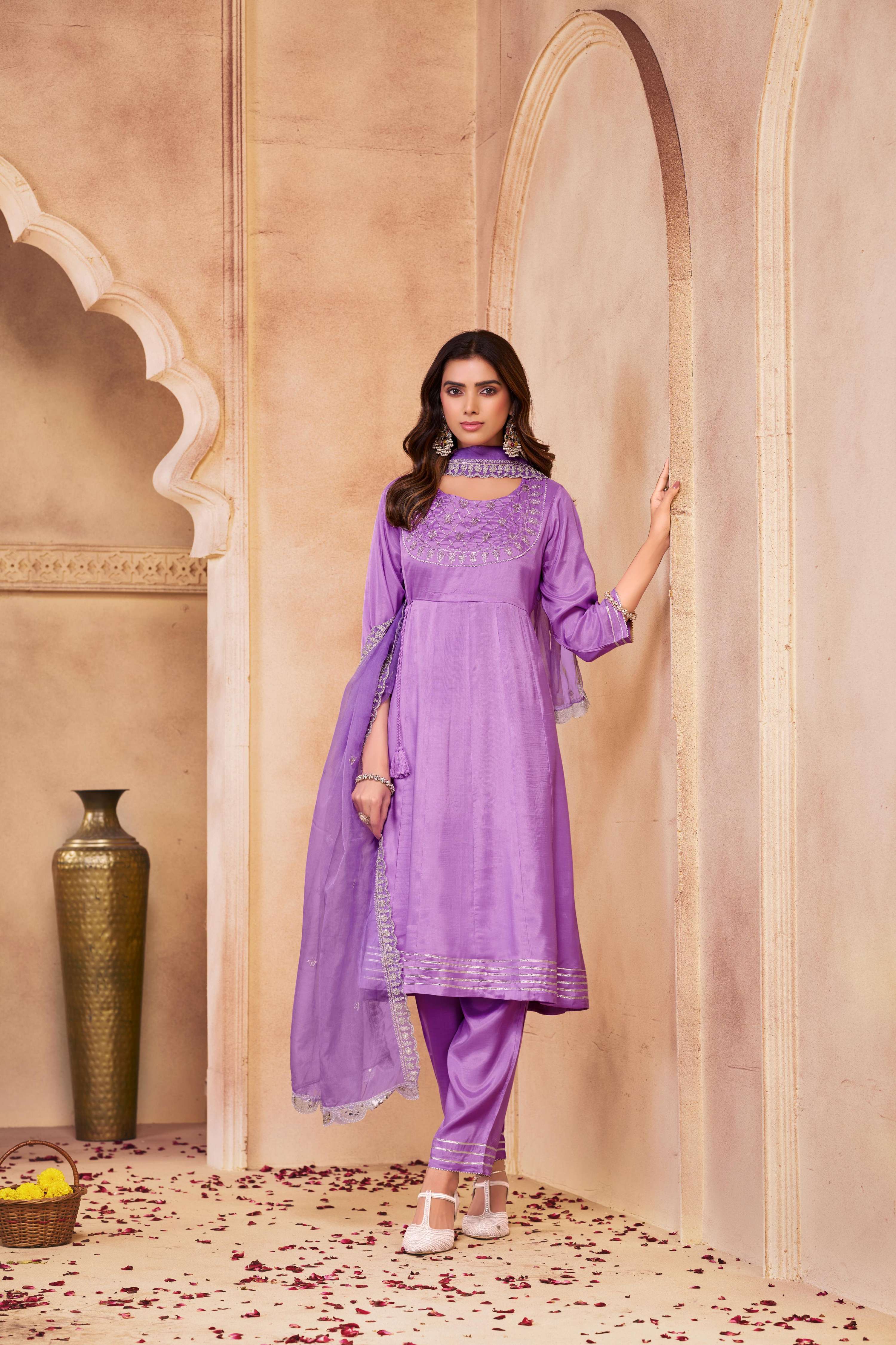 BulBul Indu Muslin Purple Kurta Set With Dupatta