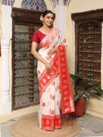 Thumbnail for Astita White & Red Linen Cotton Saree