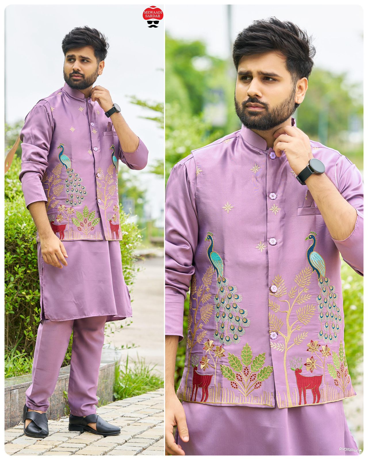 SDF Ready to Wear Purple Kurta Koti Pyjama set - Dista