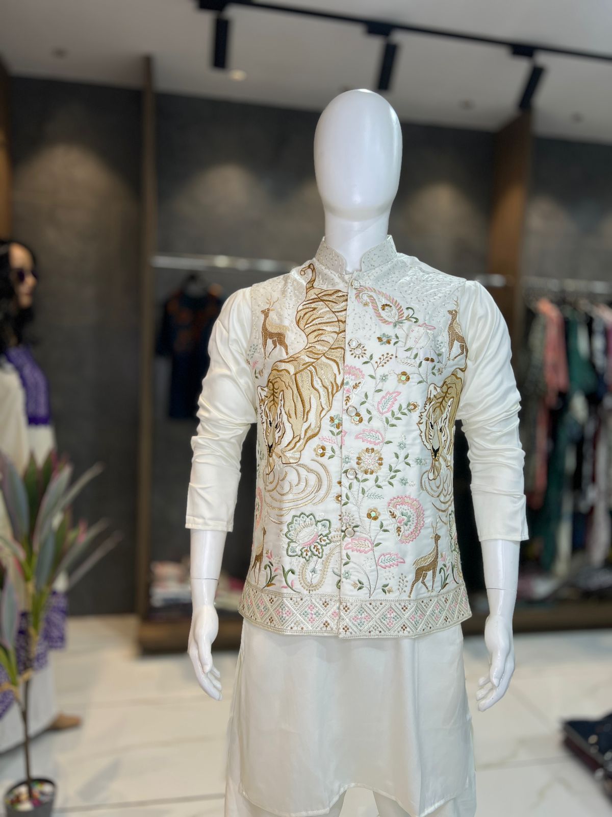 SDF Ready to Wear Creamy White Kurta Koti Pyjama set