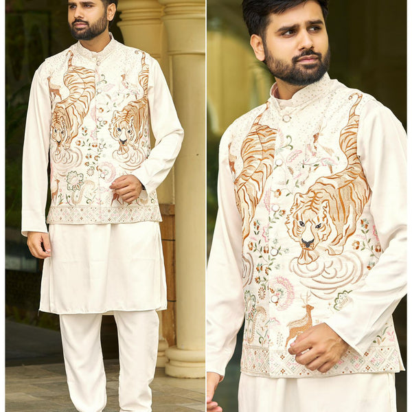 SDF Ready to Wear Creamy White Kurta Koti Pyjama set