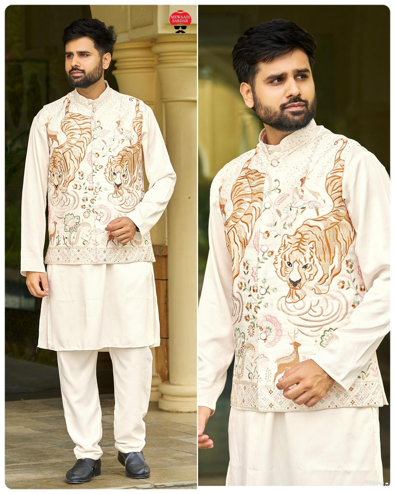 SDF Ready to Wear Creamy White Kurta Koti Pyjama set - Dista
