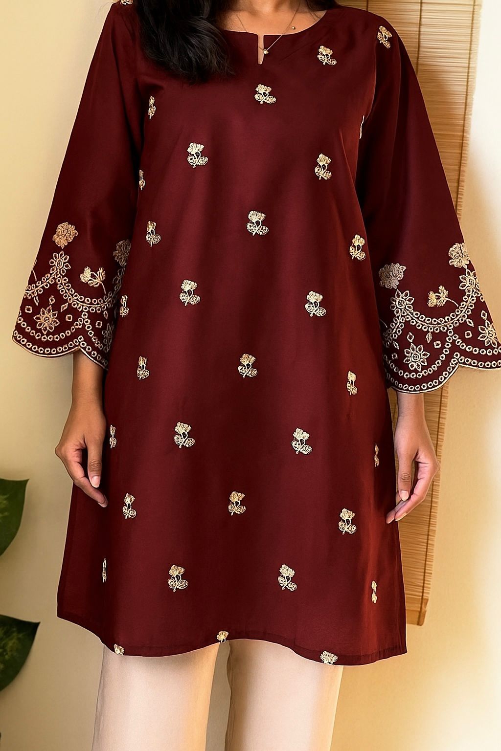 SDF Trending Short length Maroon Kurti with Embroidery Work