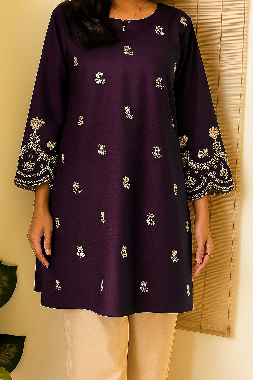SDF Trending Short length Purple Kurti with Embroidery Work