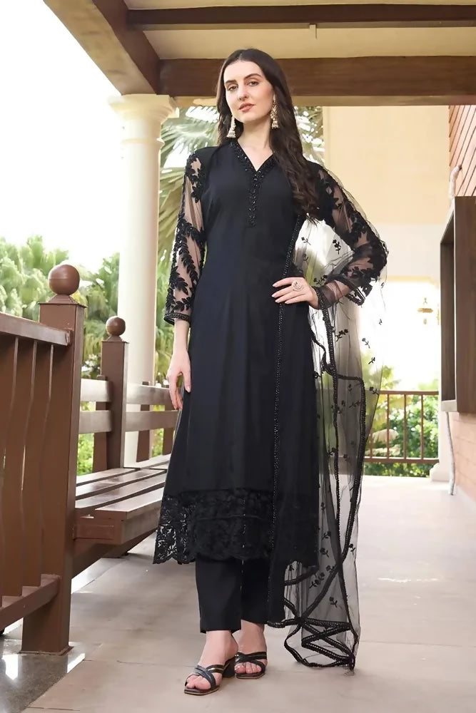 Nikhaar Black Embroidered Art Silk Straight Cut Readymade Pakistani Suit