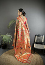 Thumbnail for Joban Fashion Red Floral & Bird Motifs Soft Silk Paithani Saree - Distacart