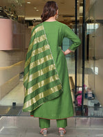 Thumbnail for The52 Light Green Women's Gorgeous Embroidered Work Chanderi Fabric Flared Kurta Pant and Dupatta Set - Distacart