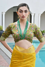 Thumbnail for Vishnu Weaves Women's Yellow Raw Silk Patola Zari Woven Saree with Blouse