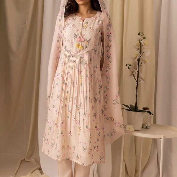Ode by House of Pataudi Floral Printed Pleated Style A-Line Kurta With Trousers & Dupatta - Distacart