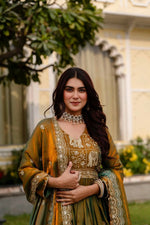 Thumbnail for Teeya Creation Mehendi Primium Fendy Satin Silk Embroidery Work Wedding Wear Gown - Distacart