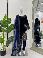 Thumbnail for Vastranavya Navy Blue Viscose Velvet Sequence Embroidery Work Kurta & Bottom With Dupatta