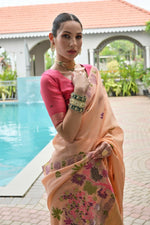 Thumbnail for Vishnu Weaves Women's Peach Muga Cotton Thread Weaving Saree with Blouse