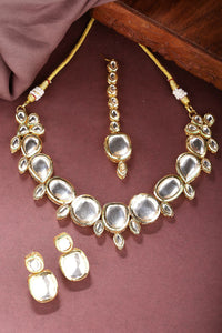 Thumbnail for NVR Women's Gold Kundan-Studded Necklace and Earrings with Mang Tikka - Distacart