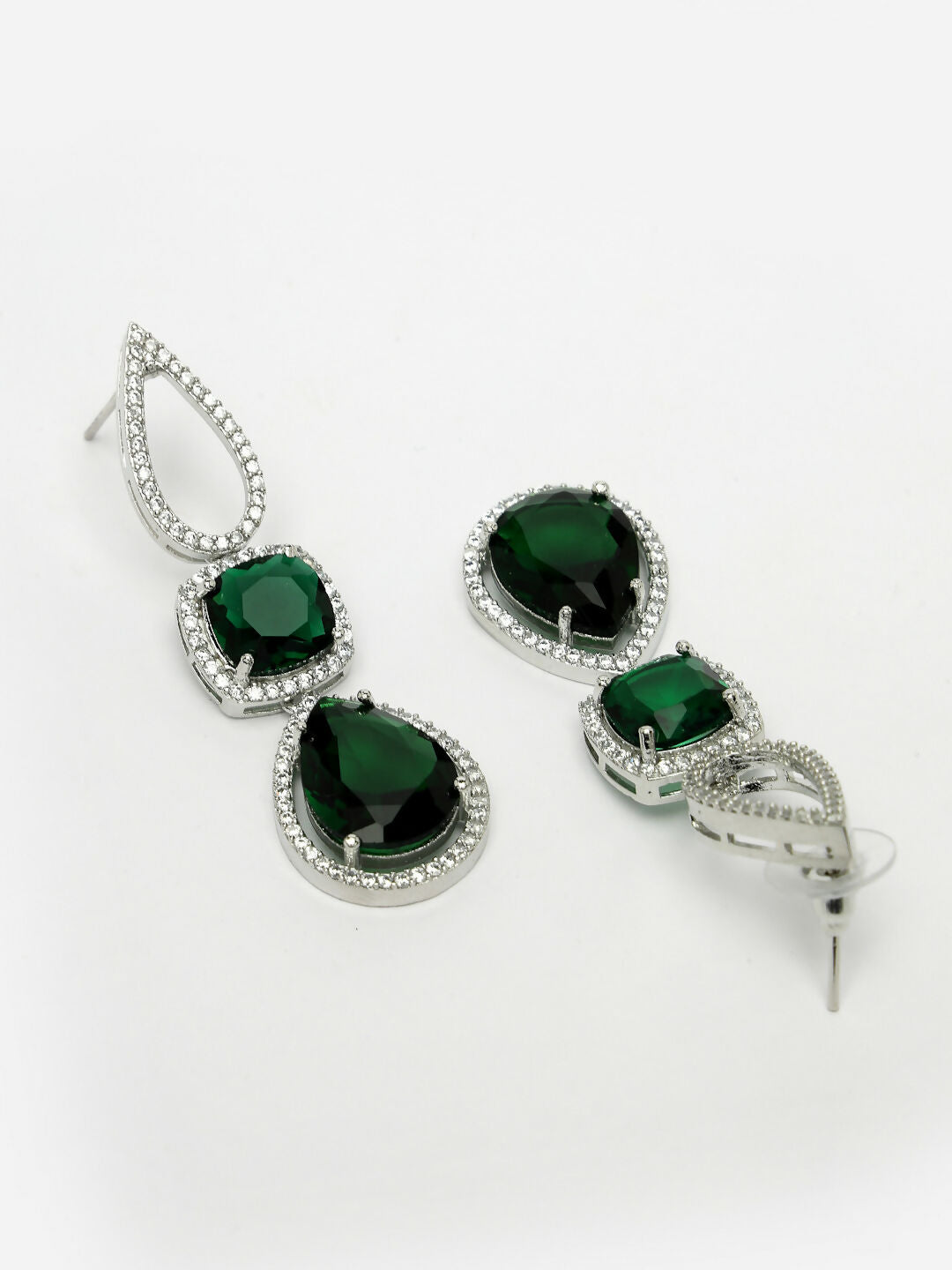 NVR Women's Green & Silver-Plated American Diamond Handcrafted Jewellery Set - Distacart
