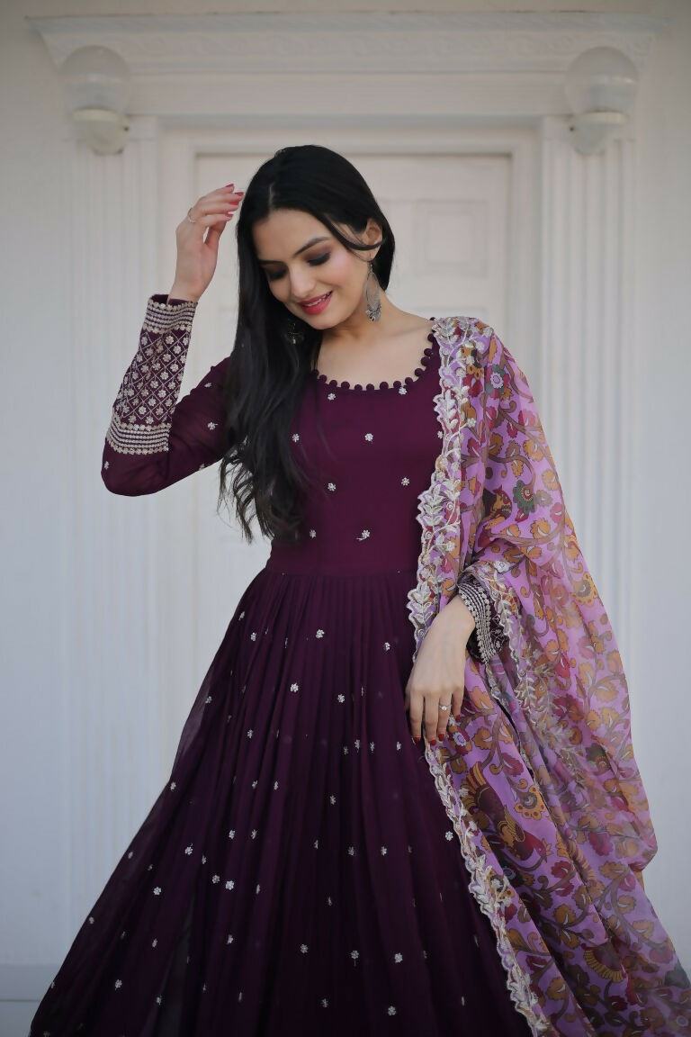 Jyoti Fashion Women's Wine Faux Blooming Sequence Zari Embroidered Anarkali Dress with Dupatta - Distacart