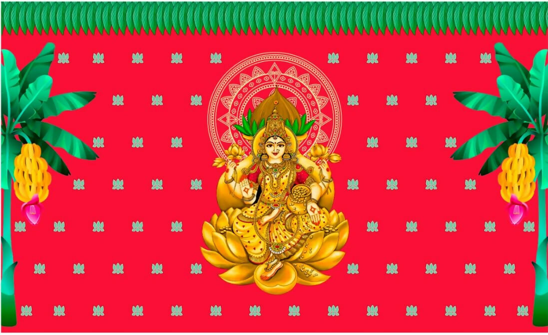Sri Yagnaa M 26 – Varalakshmi Devi Red Backdrop Cloth with Banana Trees, 8 x 5 Ft - Dista