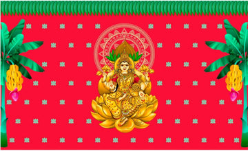 Sri Yagnaa M 26 – Varalakshmi Devi Red Backdrop Cloth with Banana Trees, 8 x 5 Ft - Dista
