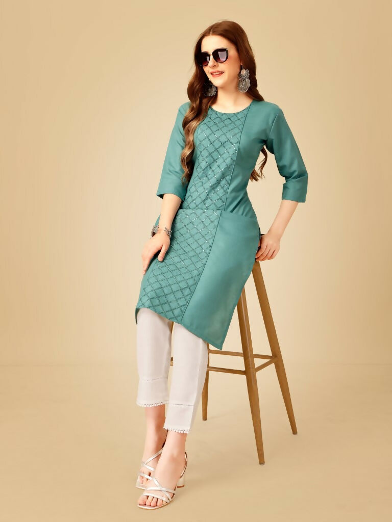 Jyoti Fashion Women's Teal Cotton Blend Embroidered Kurta Pant Set - Distacart