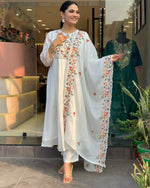Thumbnail for The52 White Women's Gorgeous Embroidered Viscose Chiffon Fabric Pleated Kurta Pant with Dupatta Set - Distacart