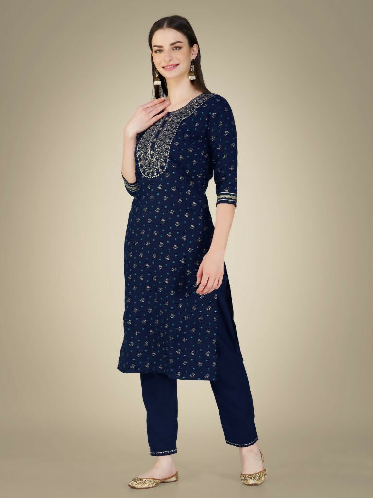 Jyoti Fashion Women's Navy Blue Cotton Magic Slub Embroidery & Sequence work Kurta with Trouser & Dupatta - Distacart