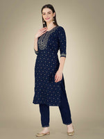 Thumbnail for Jyoti Fashion Women's Navy Blue Cotton Magic Slub Embroidery & Sequence work Kurta with Trouser & Dupatta - Distacart