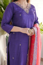 Thumbnail for The52 Purple Women's Gorgeous Embroidered Vichitra Fabric Straight Kurta Pant with Dupatta Set - Distacart