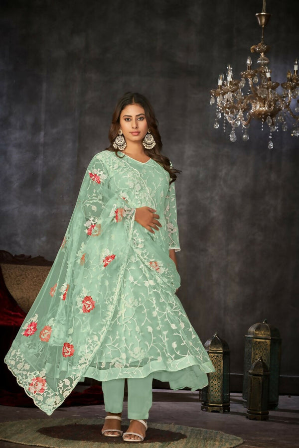Jyoti Fashion Women's Sea Green Net Embroidered Anarkali Kurta Pant Set With Dupatta - Distacart