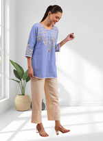 Thumbnail for Joban Fashion Sky Blue Cotton, Linen Embroidered Readymade Tunic - Distacart