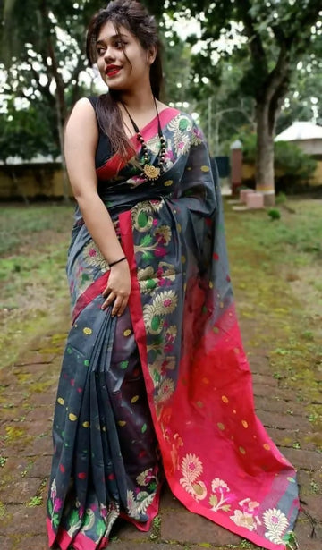 Exclusive Collection Grey Beautiful Handloom Silk Cotton Saree - Dista
