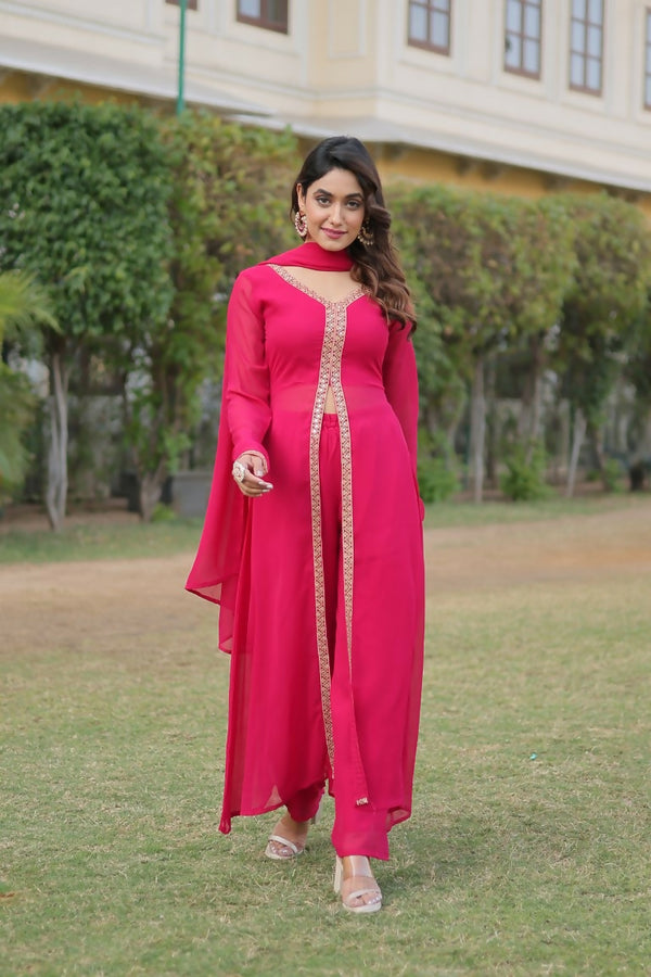 Jyoti Fashion Women's Pink Faux Blooming Embroidered Kurta with Trouser & Dupatta - Distacart