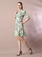 Thumbnail for Myshka Women's Green Printed Shirt Collar Fit and Flare Party Dress - Distacart