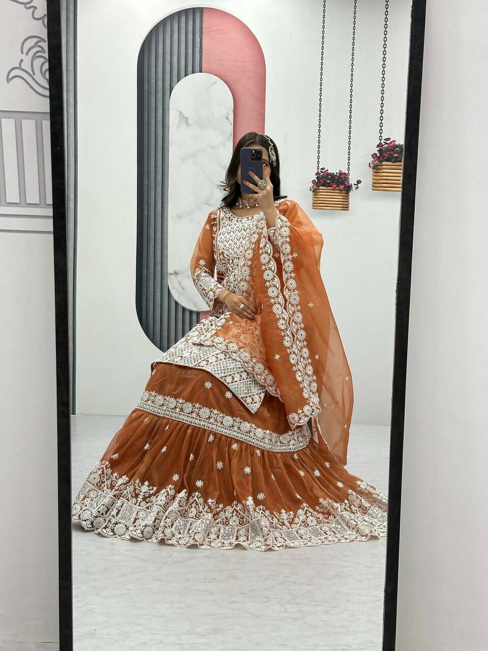 Teeya Creation Womens New Trendy Heavy Embroidery Sequence Work Orange Kurta Set - Dista