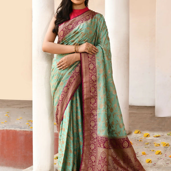 Joban Fashion Aqua Crepe Chiffon Pure Handloom Banarasi Silk Saree