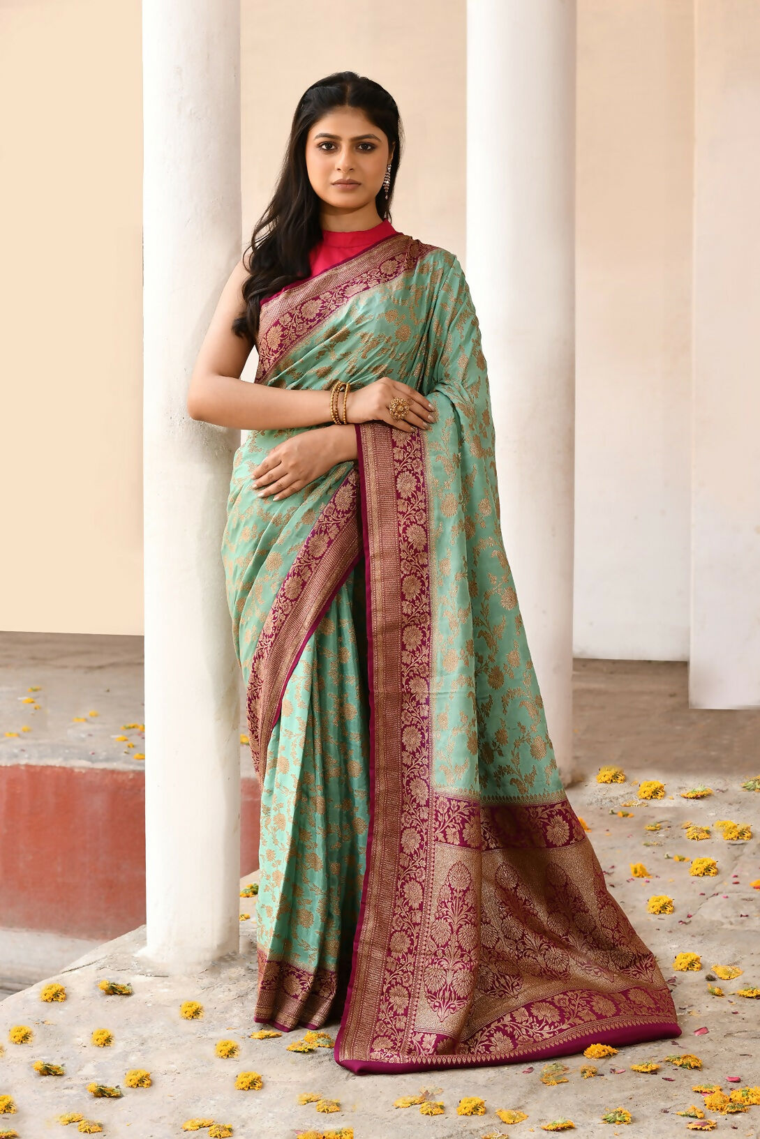 Joban Fashion Aqua Crepe Chiffon Pure Handloom Banarasi Silk Saree - Dista