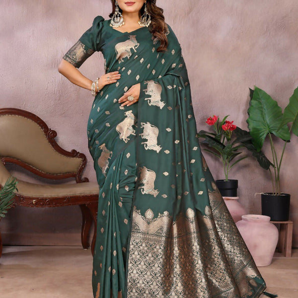 Anaita Dark Green Premium Banarasi Tissue Silk Saree With Gala Weaving Work - Distacart