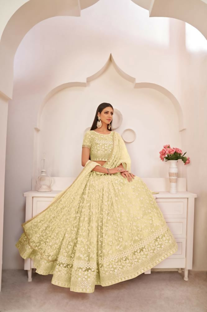 Aastha Fashion Lemon Yellow Butterfly Net White Cotton Thread Work, Zari Work And Sandwich Sequence Work Embroidery Wedding Wear Lehenga Choli - Distacart