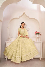 Thumbnail for Aastha Fashion Lemon Yellow Butterfly Net White Cotton Thread Work, Zari Work And Sandwich Sequence Work Embroidery Wedding Wear Lehenga Choli - Distacart