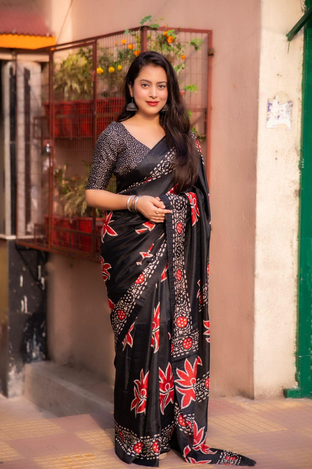 Black Silk Blend Ethnic Motifs Saree with Unstitched Blouse - A2M - Distacart