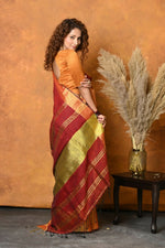 Thumbnail for Very Much Indian Handloom Pure Cotton Linen Saree With Golden Border - Dark Maroon - Distacart