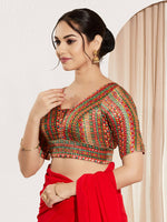 Thumbnail for Joban Fashion Red Multi Brocade Padded Blouse With V Neck Elbow Sleeves