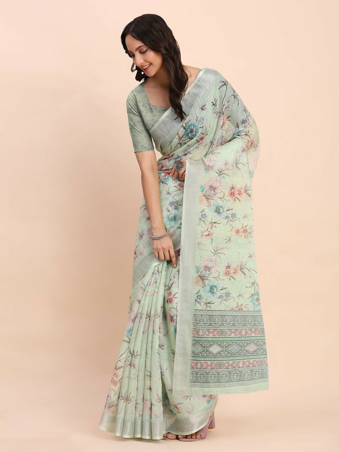 Astita Linen Cotton Light Green Saree