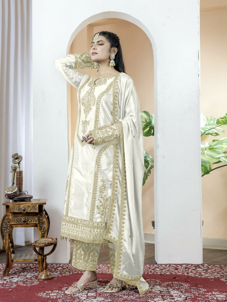 Teeya Creation White Color Chinnon Silk Embroidery Work Fully Stitched Salwar Suit
