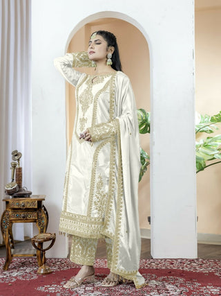 Teeya Creation White Color Chinnon Silk Embroidery Work Fully Stitched Salwar Suit