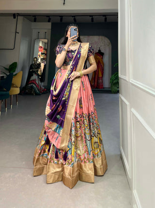 Vastranavya Kalamkari Print With Weaving Border Lehenga with Unstitched Blouse - Peach - Distacart