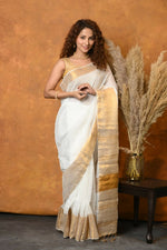 Thumbnail for Very Much Indian Handloom Pure Cotton Linen Saree With Golden Border - White - Distacart