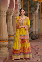 Thumbnail for Anaita Yellow Chinon Readymade Palazzo Suit with Codding Dori & Sequence Work - Distacart