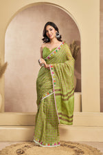 Thumbnail for Vastranavya Mehendi Digital Printed Linen Ready To Wear Designer Saree with Unstitched Blouse - Distacart