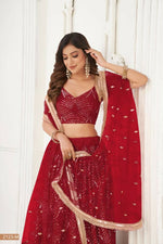 Thumbnail for Aastha Fashion Maroon Butterfly Net Tone To Tone Thread Work, Sequence Work And Original Mirror Work Embroidery Wedding Wear Lehenga Choli - Distacart